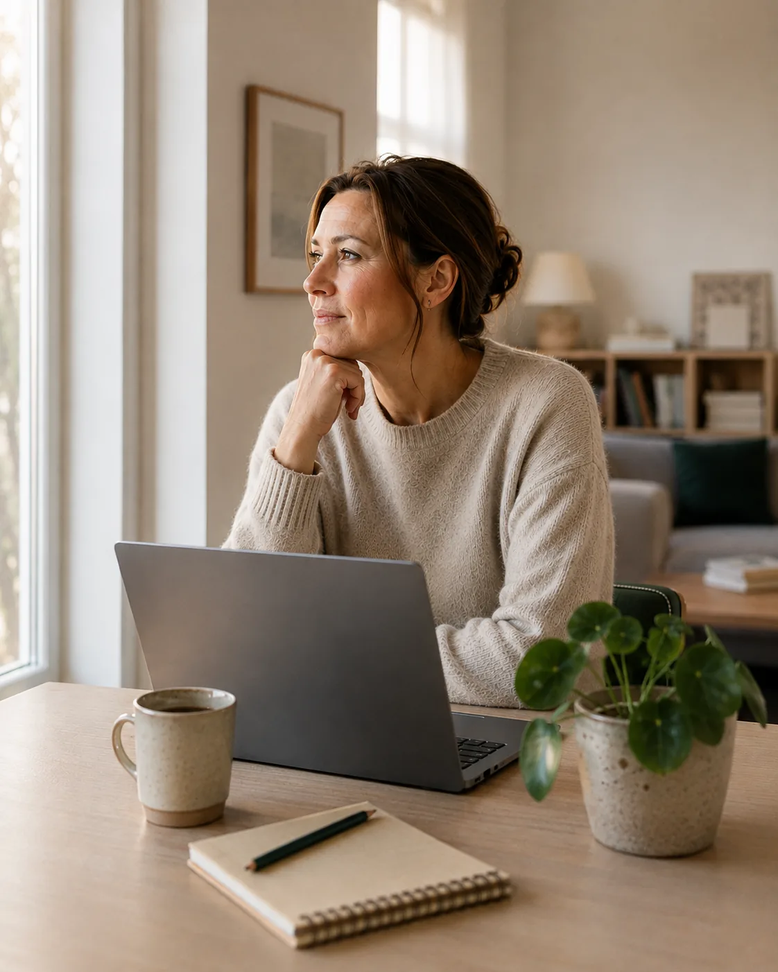 Kvinde ved et skrivebord med bærbar computer, kaffe og notesbog